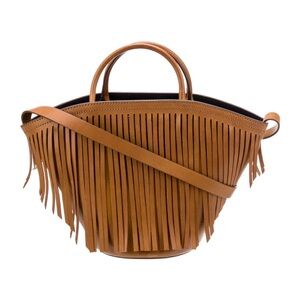 Trademark leather fringe tote bag in brown with rolled handles